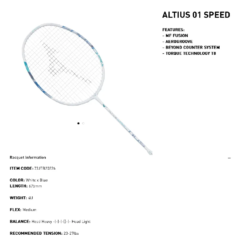 Badminton Racket With Junior Sizes-MIZUNO ALTIUS 01 SPEED BADMINTON RACKET 4U5 (73JTB20226)